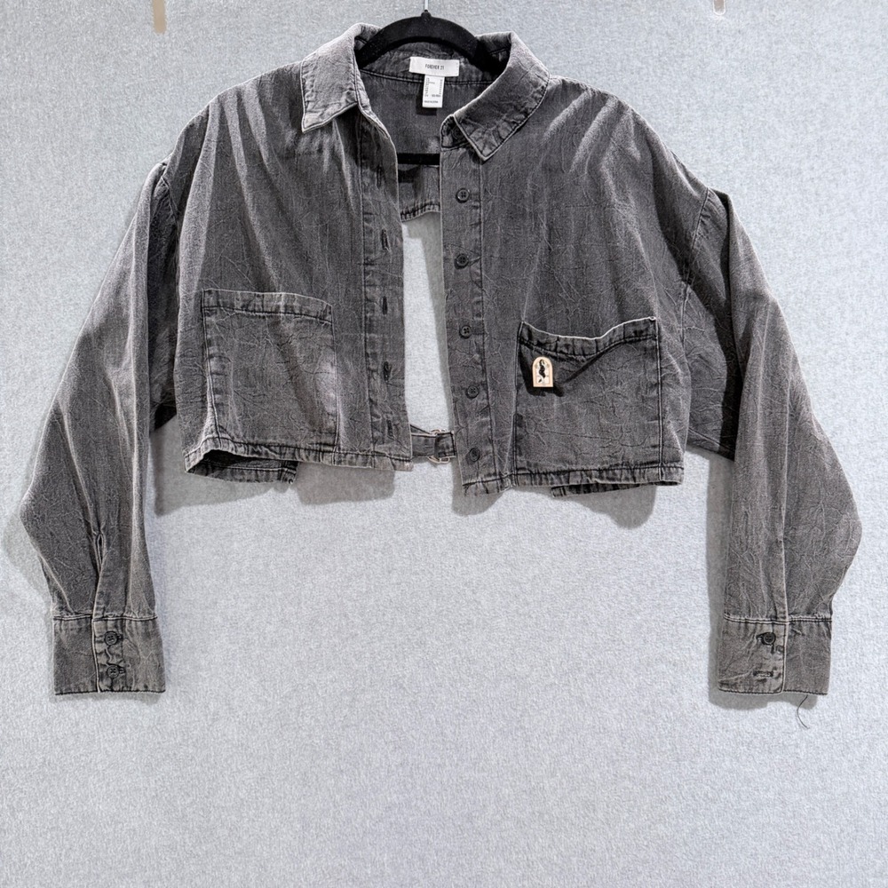 Grunge punk goth Womens Cropped Open Back Denim Jacket Black Wash Med Edgy Y2k